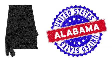 Alabama State map polygonal mesh with filled triangles, and unclean bicolor stamp imitation. Triangle mosaic Alabama State map with mesh vector model, triangles have different sizes, and positions,