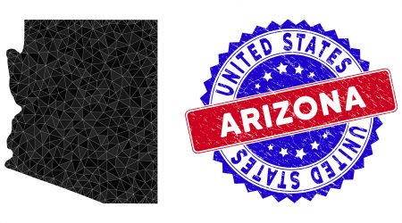 Arizona State map polygonal mesh with filled triangles, and textured bicolor stamp seal. Triangle mosaic Arizona State map with mesh vector model, triangles have various sizes, and positions,