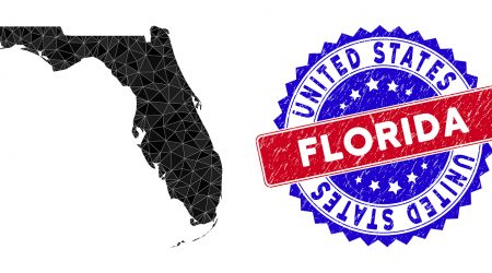 Florida map polygonal mesh with filled triangles, and rubber bicolor rubber seal. Triangle mosaic Florida map with mesh vector model, triangles have randomized sizes, and positions, and color tints.